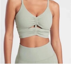 Athleta Sage Green Cinch Longline Sports Bra & salutation stash pocket tight